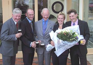 Sir Maurice Johnson (centre) celebrates the re-opening of the Sally Pussey Inn next to (l to r) James Arkell, managing director of Arkell's Brewery, landlord Mike Randall, landlady Norah Thomas and Arkell's director George Arkell