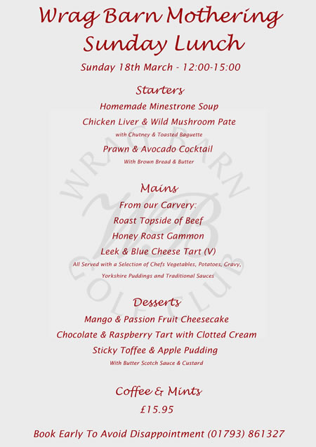 Mother's Day Sunday Lunch at Wrag Barn, Swindon