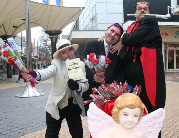 Swindon poet Tony Hillier, Mark Ross and Mr Swoon in Swindon