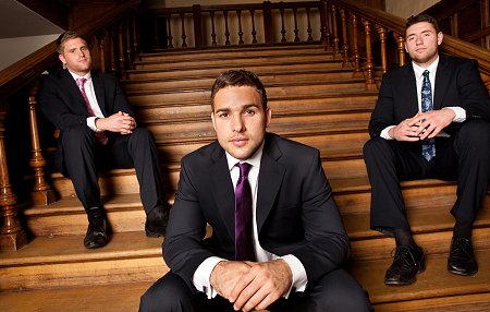 Bath Rugby Players wearing suits by Jeff Banks at Swindon Designer Outlet