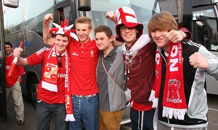 Swindon fans leave for Wembley from the County Ground