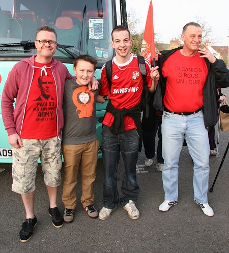 Swindon fans leave for Wembley from the County Ground