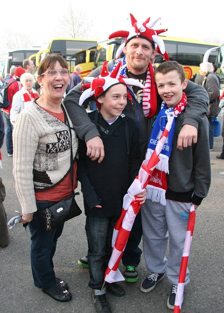 Swindon fans leave for Wembley from the County Ground