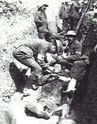 Tending the wounded in trenches in WW1