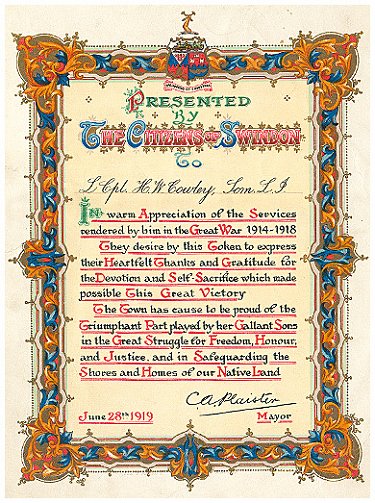 Certificate of appreciation given by the citizens of Swindon to Harold Cowley and all other surviving soldiers returning from WW1