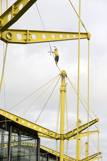 Jake The Jugger tackles the Swindon Renault Building on a high-wire