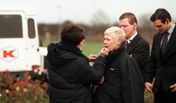 Dame Judi Dench in Swindon during the filming of the James Bond film The World is Not Enough at the Motorola factory