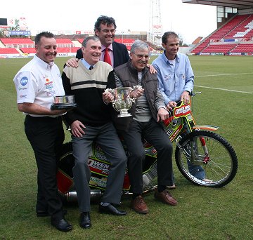 Don Rogers and Roger Smart with Swindon Speedway star Leigh Adams (r), Robins Team Manager Alun Rossiter and STFC Director Mike Bowden who organised the event