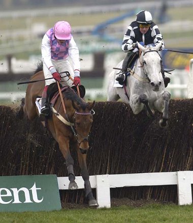 Voy Por Ustedes leads Monet's Garden over the last in the Arkle Trophy at Cheltenham, 14 March 2006 - copyright racingfotos.com