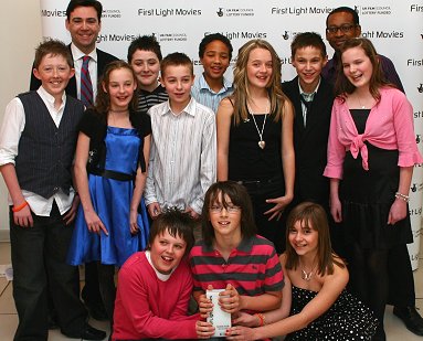 Students from Isambard Community School in Swindon celebrate winning their First Light Award for Best Documentary