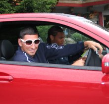 Swindon Town's Billy Paynter and Jerel Ifel in SwindonWeb's Mercedes