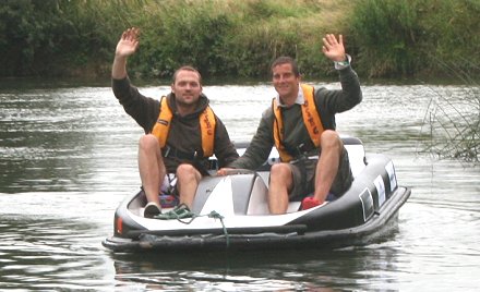 Rupert Young and Bear Grylls pedalo down the Thames in Swindon