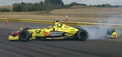 Jean Alesi crashes the Jordan Honda into the barriers at the Honda factory in Swindon