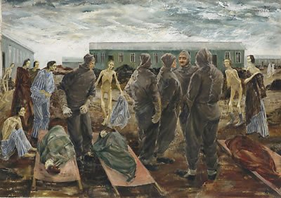 Leslie Cole - official war artist - Sick Woman and the Hooded Men of Belsen, 1945