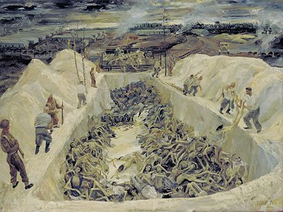 Swindon artist Leslie Cole - One of the Death Pits, Belsen. SS guards