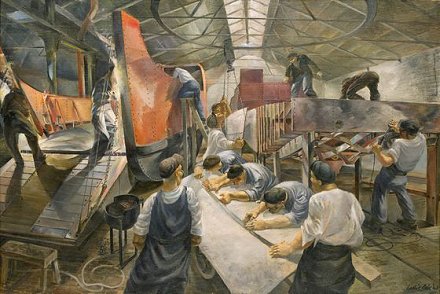 Swindon artist Leslie Cole's painting of a landing craft being built at the GWR Swindon Works during WW2