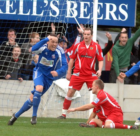 Ben Wells celebrates scoring the second for Supermarine against Eastwood